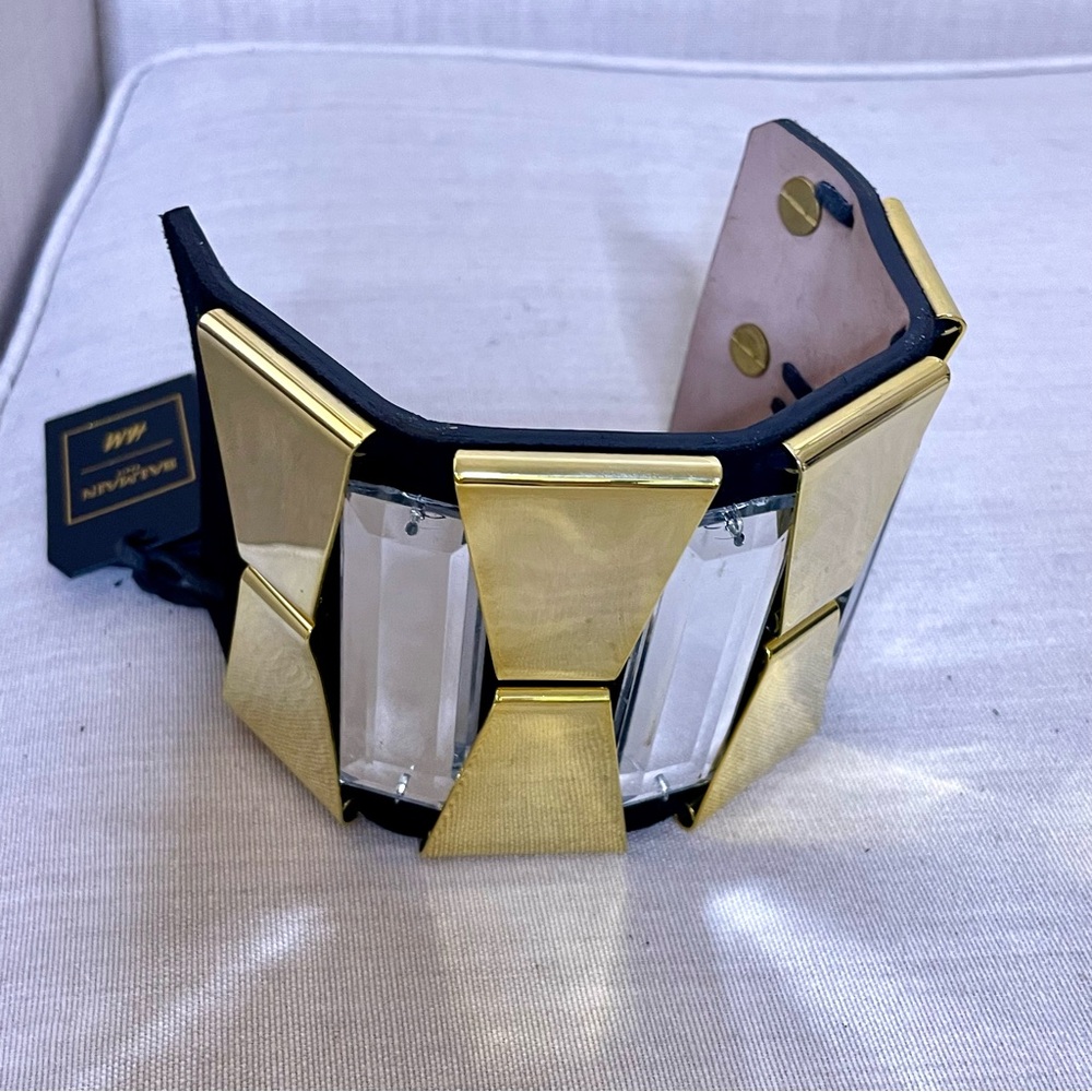 🖤 Balmain X H&M leather statement bracelet mirror gold tone suede rhinestone - Picture 5 of 13